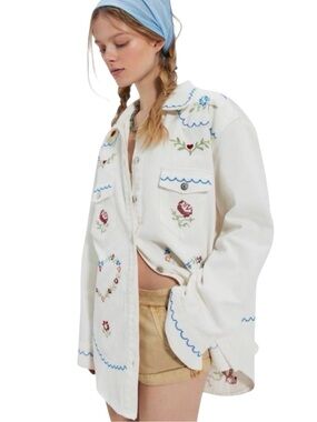 Free People x Denim & Bone Embroidered Heart Oversized Button Down NWT